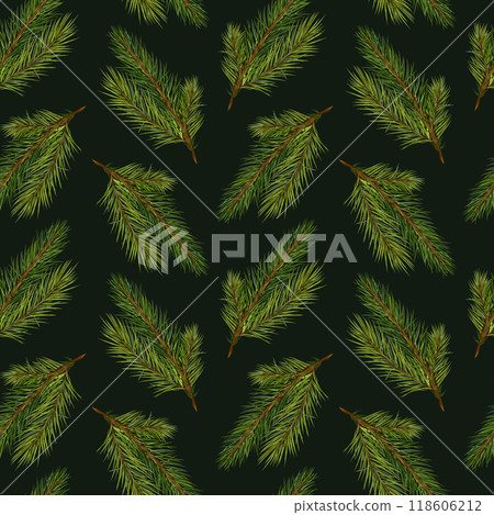 Pine tree branches on seamless watercolor pattern isolated on dark. Botanical coniferous endless background. Christmas tree branches for wrapping paper, fabric, wallpapers, and seasonal package. Pine tree branches on seamless watercolor pattern isolated on dark. Botanical coniferous endless background. Christmas tree branches for wrapping paper, fabric, wallpapers, and seasonal package. 118606212
