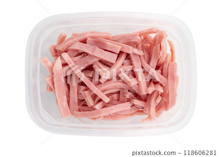 pieces of ham isolated on white background 118606281