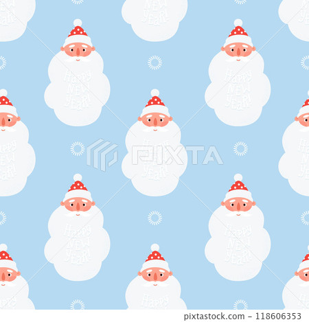 Christmas Seamless pattern. Cute Santa Claus with big beard and lettering Happy New Year congratulation on blue background. Vector illustration. 118606353