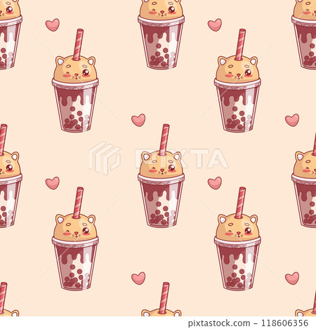 Seamless pattern with kawaii cartoon character drink cat. Cute glass of Bubble Tea with straw and heart on light beige background. Vector illustration. 118606356
