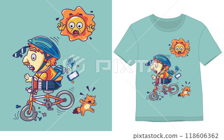 Tshirt Designs. A bicycle deliveryman had an accident because his bicycle tire burst of illustration Tshirt Designs. A bicycle deliveryman had an accident because his bicycle tire burst of illustration 118606362