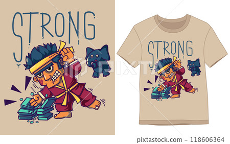 Tshirt Designs. Strong fighter breaks stones with palm of illustration Tshirt Designs. Strong fighter breaks stones with palm of illustration 118606364
