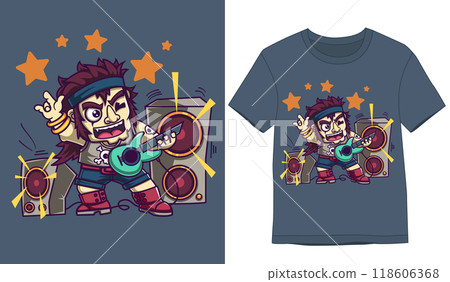 Tshirt Designs. Rock guitar player. Punk musician cartoon character of illustration 118606368