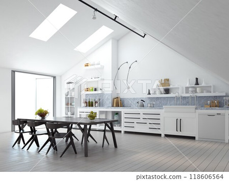Minimalist white kitchen and natural light. 118606564