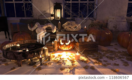 Spooky Halloween scene with skulls, pumpkins, Spooky Halloween scene with skulls, pumpkins, 118606567