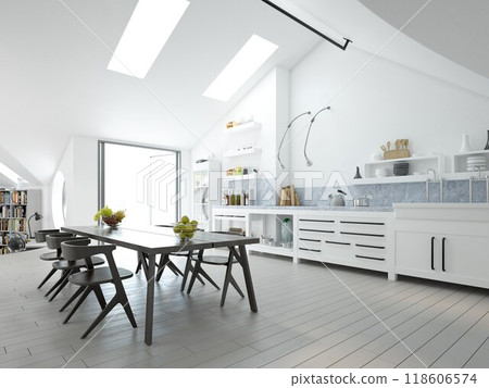 Minimalist white kitchen and natural light. 118606574