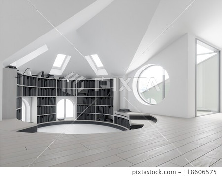 Interior of modern library with white walls Interior of modern library with white walls 118606575