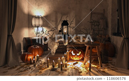 Spooky Halloween scene with skulls, pumpkins, Spooky Halloween scene with skulls, pumpkins, 118606576