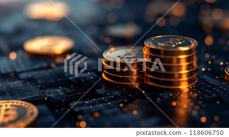 Golden bitcoins stacked on digital background, business concept. Generative AI Golden bitcoins stacked on digital background, business concept. Generative AI 118606750