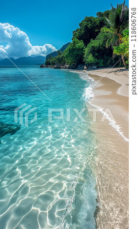 Serene Beach Shoreline at Sunset With Gentle Waves Crashing on the Sand. Generative AI 118606768