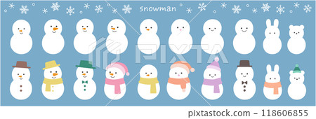 Vector illustration set of snowmen and snowflakes. Winter, icons, snowmen Vector illustration set of snowmen and snowflakes. Winter, icons, snowmen 118606855