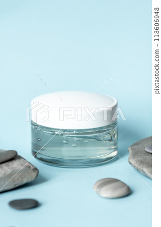 Transparent Skincare Product with Bubbles on Minimalist Background for Beauty and Wellness Concept 118606948