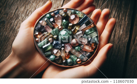 A collection of vibrant tourmaline gemstones in various colors and cuts, cradled in hands, perfect for an October birthday gift A collection of vibrant tourmaline gemstones in various colors and cuts, cradled in hands, perfect for an October birthday gift 118607030