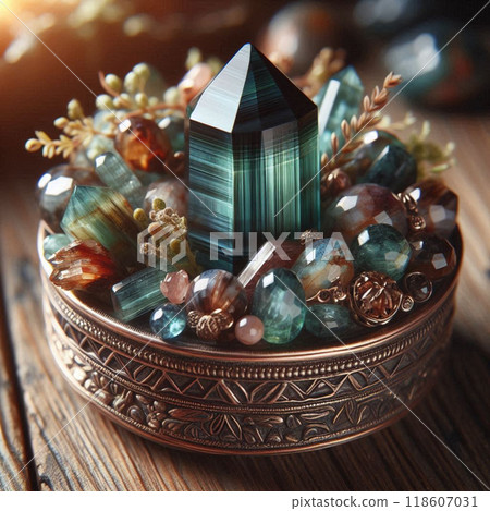 A luxurious tourmaline accessory with multicolored gemstones, elegantly arranged in an ornate metal container 118607031