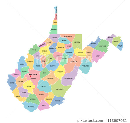 West Virginia, U.S. state, subdivided into 55 counties, multi colored political map with capital Charleston, borders and county names. State in the Southeastern and Mid-Atlantic regions of the USA. West Virginia, U.S. state, subdivided into 55 counties, multi colored political map with capital Charleston, borders and county names. State in the Southeastern and Mid-Atlantic regions of the USA. 118607081