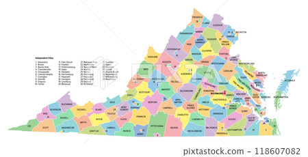 Virginia, U.S. state, subdivided into 95 counties and 38 independent cities, colored political map with capital Richmond, and county names. State in the Southeastern and Mid-Atlantic regions of USA. 118607082