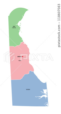 Delaware, U.S. state, multi colored political map with capital Dover. State in the Mid-Atlantic and Northeastern region of the United States, subdivided into the counties New Castle, Kent, and Sussex. 118607083