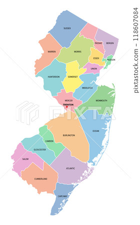 New Jersey, U.S. state, subdivided into 21 counties, multi colored political map with capital Trenton, borders and county names. State in the Mid-Atlantic and Northeastern region of the United States. 118607084