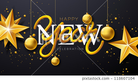 2025 Happy New Year Illustration with 3d Typography Lettering, Golden Star and Christmas Ball on Black Background. Holiday Design with Typography Lettering for Flyer, Banner, Greeting Card 118607104