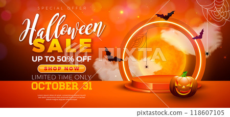 Halloween Sale Banner Illustration with Pumpkin, Podium and Glowing Neon Light on Orange Background. Vector Holiday Design Template with Typography Lettering for Offer, Coupon, Celebration Flyer 118607105