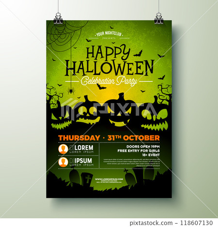 Halloween Party Flyer Illustration with Scary Faced Pumpkins on Green Background. Vector Holiday Design Template with Cemetery and Flying Bats for Party Invitation, Greeting Card, Banner or Halloween Party Flyer Illustration with Scary Faced Pumpkins on Green Background. Vector Holiday Design Template with Cemetery and Flying Bats for Party Invitation, Greeting Card, Banner or 118607130