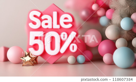 Holiday Sale Discount Banner with Glowing Pink and White Decorative Spheres 118607384