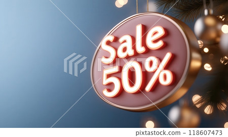 Glowing 50 Discount Sale Sign on Abstract Christmas Tree Ornament with Cyber Monday Branding 118607473