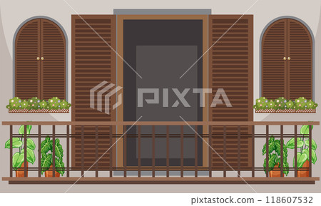 Charming Balcony with Wooden Shutters Charming Balcony with Wooden Shutters 118607532