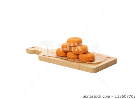 PNG, Fried mozzarella on a wooden board, isolated on white background 118607702