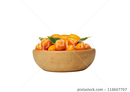 PNG, Fresh kumquat fruits with leaves in wooden bowl, isolated on white background PNG, Fresh kumquat fruits with leaves in wooden bowl, isolated on white background 118607707