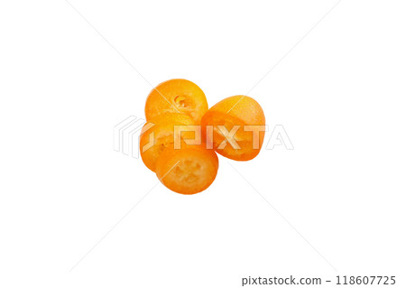 PNG, Sliced fresh kumquat fruit, isolated on white background, top view PNG, Sliced fresh kumquat fruit, isolated on white background, top view 118607725