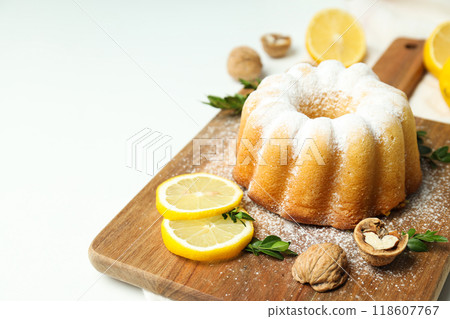 Tasty bake food concept - delicious lemon cake 118607767