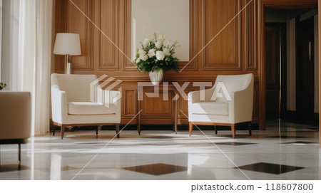 Elegant Luxury Hotel Lobby with Assisting Concierge Welcoming Guests 118607800