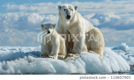 Polar bear with her cub are sitting on ice with snow of a melting glacier. Wildlife nature. Climate change. Global warming. Environmental disaster. 118607905
