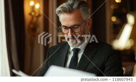 Professional businessman in suit and tie reviewing documents during executive management team 118607943