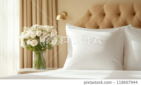 Luxurious Hotel Room with Inviting Atmosphere and Elegant Floral Accents 118607944