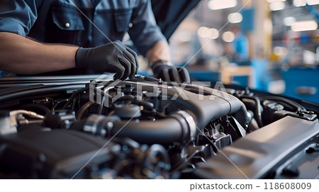 Car mechanic makes out diagnostics and repairs of the car engine in a car workshop. Cropped image. Car maintenance service. Modern transportation. 118608009