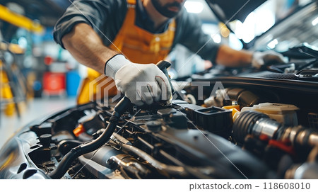 Car mechanic in uniform makes out diagnostics and repairs of the car engine in a car workshop. Cropped image. Car maintenance service. 118608010