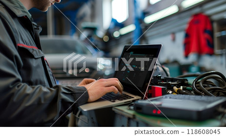 Auto mechanic diagnosing car engine using laptop with special program. Car repair service center. Support car insurance service. Close-up view. 118608045