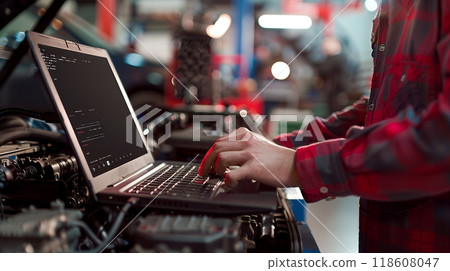 Auto mechanic is utilizing a laptop for performing vehicle diagnostics in auto repair shop. Car repair service center. Support car insurance service. 118608047