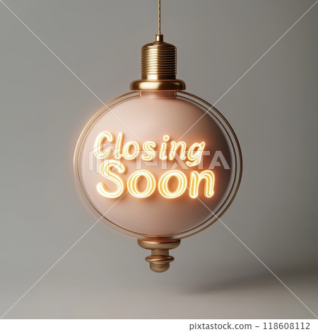 Illuminated Closing Soon Shop Banner with Glowing Copper Message 118608112