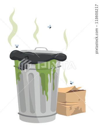 Garbage or waste icon. Metal garbage container with unsorted trash. Rubbish that smells ugly and started to decompose. Ecology and environment concept. Isolated on white background. Garbage or waste icon. Metal garbage container with unsorted trash. Rubbish that smells ugly and started to decompose. Ecology and environment concept. Isolated on white background. 118608217