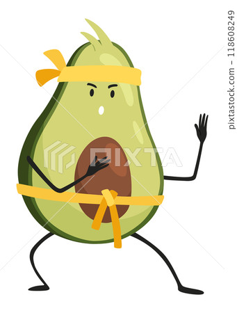 Avocado character with happy emotions. Cheerful vegetable person. Avocado super hero funny cartoon character. Vector flat illustration 118608249
