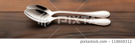 Large Serving Spoons for Communal Dishes on Wooden Table 118608312