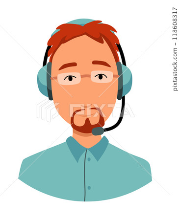 Call center operator avatar with headphone. Online support service assistant. Male customer help manager. Vector illustration of character 118608317