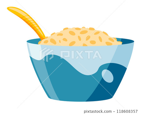 Baby healthy food. Kids meal icon, isolated on white background. Vector flat cartoon illustration of fruit and vegetable puree, porridge, milk and biscuits 118608357