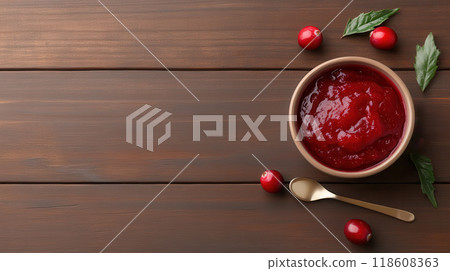 Homemade Cranberry Sauce in a Small Rustic Bowl with Wooden Spoon on Wooden Table 118608363