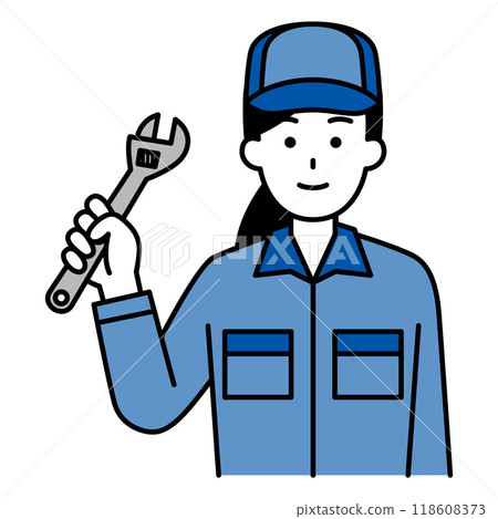 A woman in overalls holding a monkey wrench A woman in overalls holding a monkey wrench 118608373