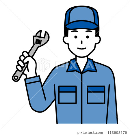 A man in overalls holding a monkey wrench 118608376