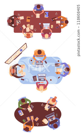 Top view teams working. Collaboration and Focus during a Team Meeting Setting to Enhance Engagement and Productivity 118608405